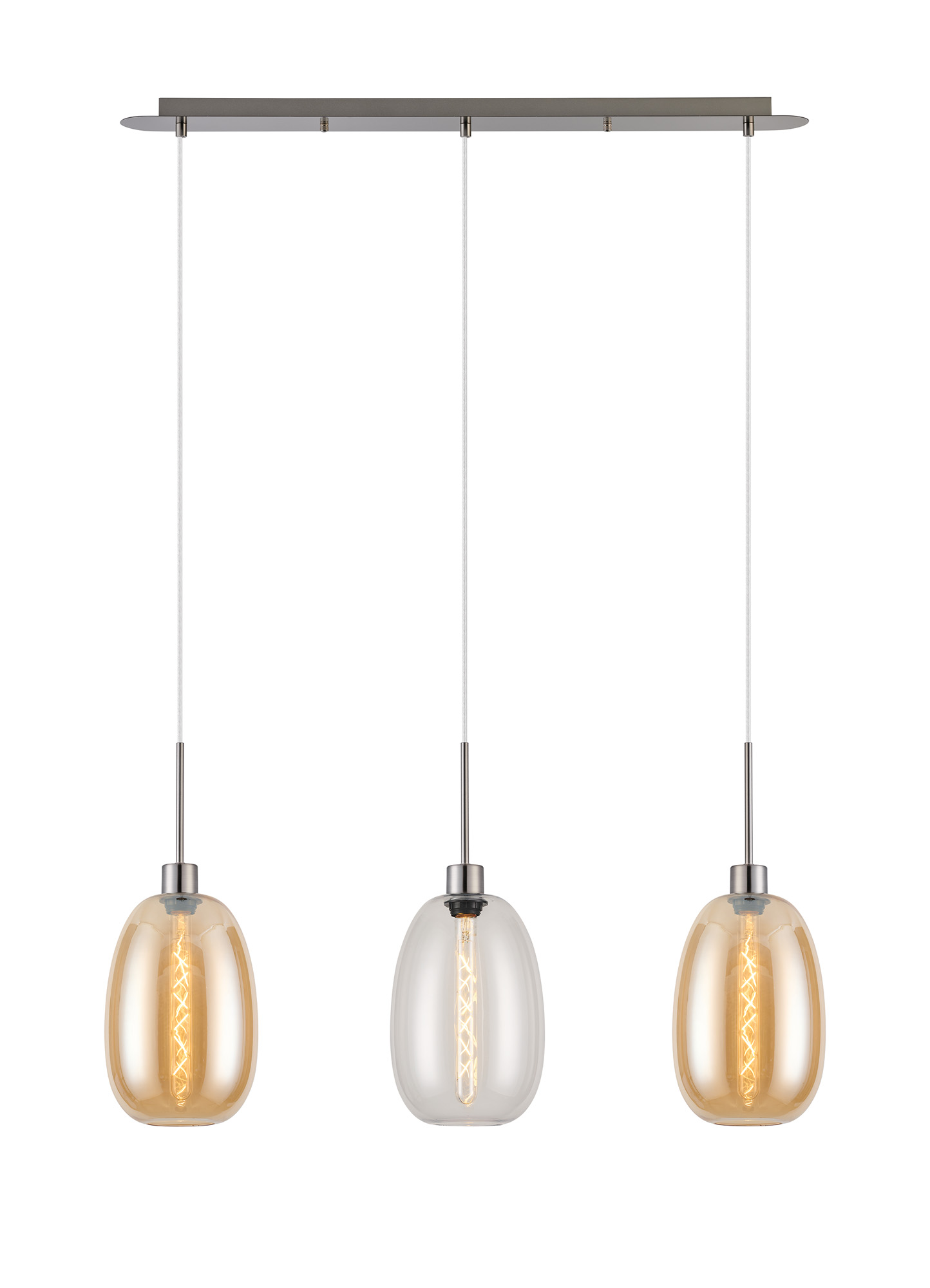 DK1392  Lori Linear Pendant, 3 Light Adjustable E27, Satin Nickel/Clear/Amber Slim Curved Trapezium Shades